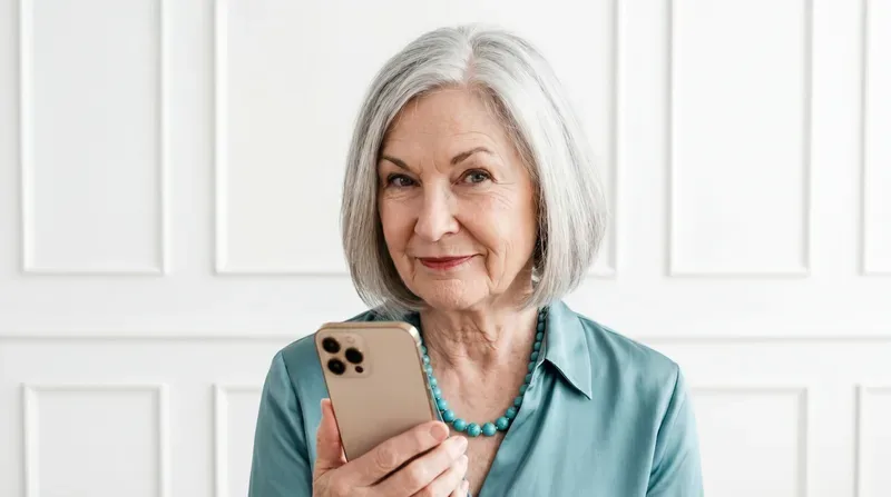 Ältere Frau hält Smartphone und lächelt